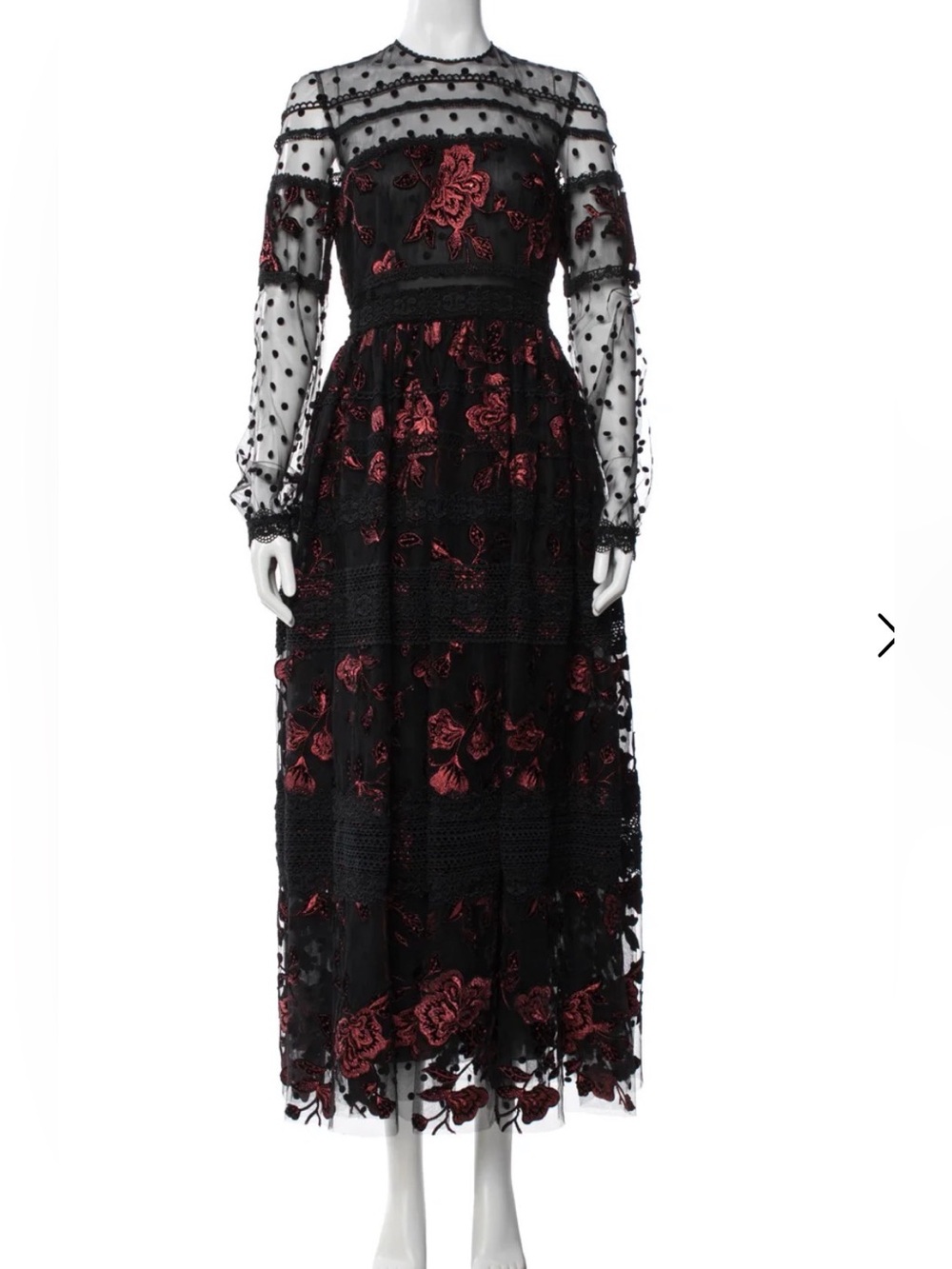 Black Long-Sleeve Mesh Maxi Dress with Burgundy Floral Embroidery